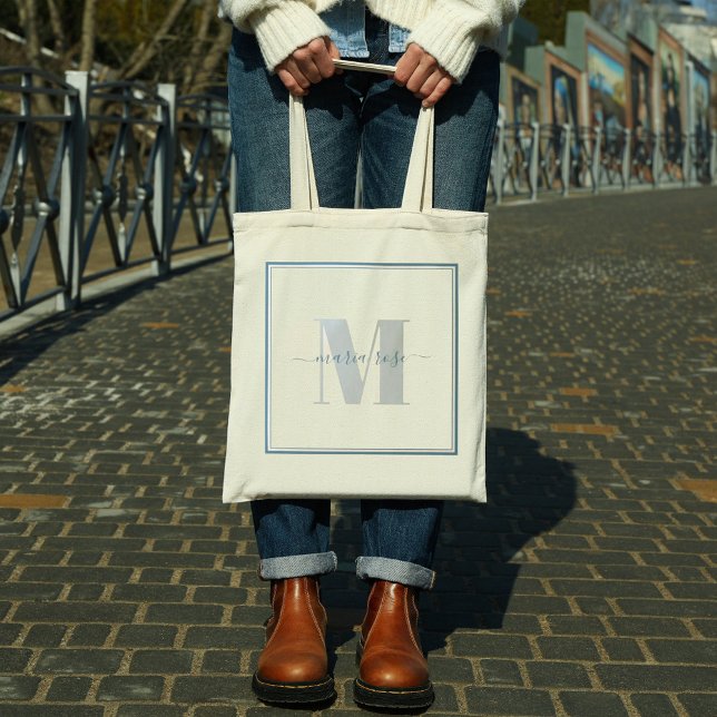 Monogram Blue Einfach Minimalistische Hübsche Tragetasche (Von Creator hochgeladen)