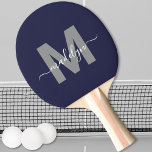 Monogram, Blue Elegant Script Name Tischtennis Schläger<br><div class="desc">Erstellen Sie Ihre eigene Personalisierte Navy Blue Elegant Script Name Monogram Ping Pong Paddle Paddle. Dieses schicke Pingpongpaddel verfügt über ein stylisches Monogramm auf der Vorderseite mit einem flachen, grauen Initial auf einem tiefmarineblau Hintergrund, gepaart mit einem klassischen weißen Skriptnamen für eine personalisierte Touch. Die Rückseite ist weiterhin schlicht blau,...</div>