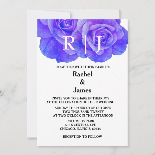 Monogram Blue Floral Rose Blume Elegante Hochzeit Einladung (Vorderseite)