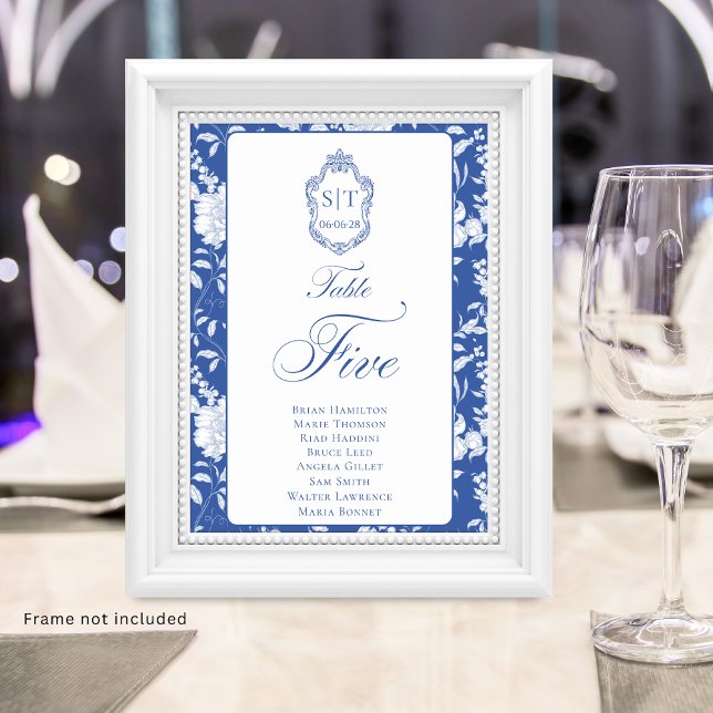 Monogram Blue Floral Script Five 8 Names Tischnummer (Von Creator hochgeladen)