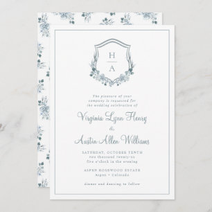 Monogram Blue Floral Wedding Einladung