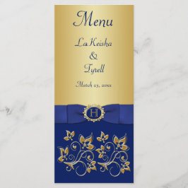Monogram Blue, Gold Floral Menu Card Menükarte