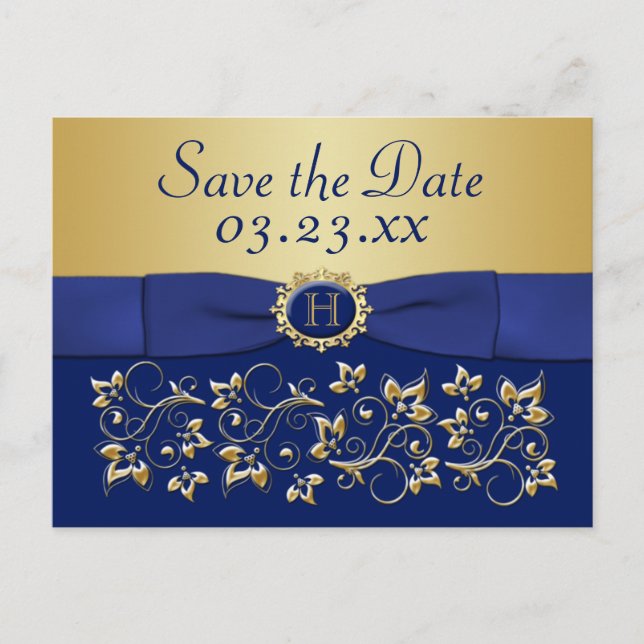 Monogram Blue, Gold Floral Save the Date Postkarte (Vorderseite)