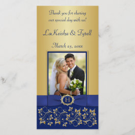 Monogram Blue, Gold Floral Wedding Foto Card Dankeskarte
