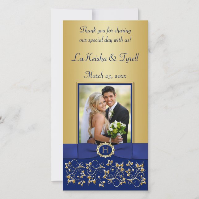 Monogram Blue, Gold Floral Wedding Foto Card Dankeskarte (Vorderseite)