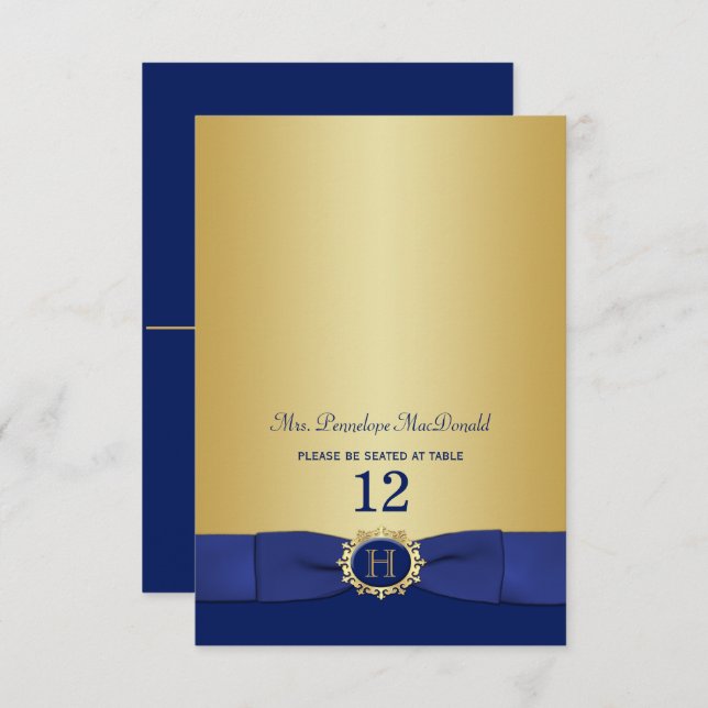 Monogram Blue, Gold Folding Platzkarte (Vorne/Hinten)