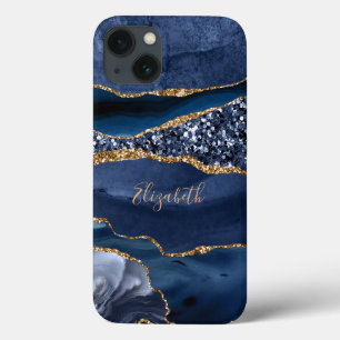Monogram Blue Gold Glitzer Agate Marble Trendy Case-Mate iPhone Hülle