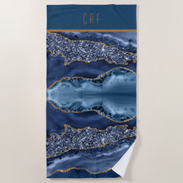 Monogram Blue Gold Glitzer Agate Pattern Trendy Strandtuch