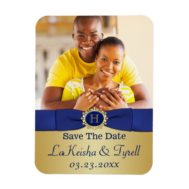 Monogram Blue, Gold Save the Date Foto Magnet (Vertikal)