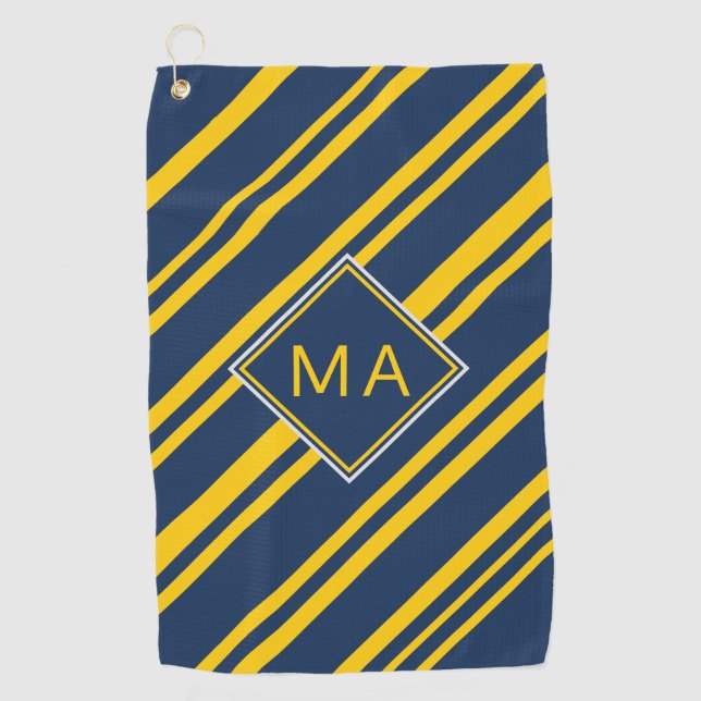 Monogram Blue Golden Yellow Strip Golfhandtuch (Vorderseite)