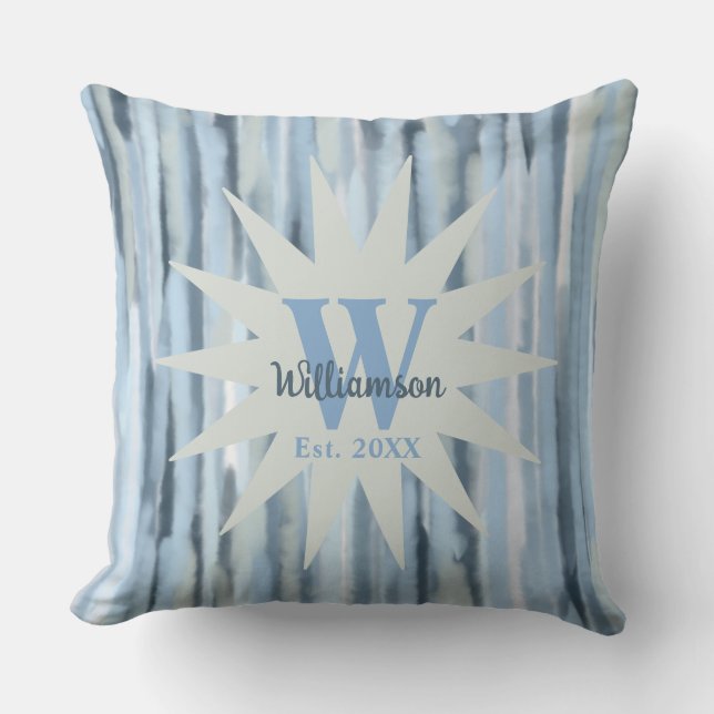 Monogram Blue Graue Marinebänder Aquarell Kissen (Vorderseite)