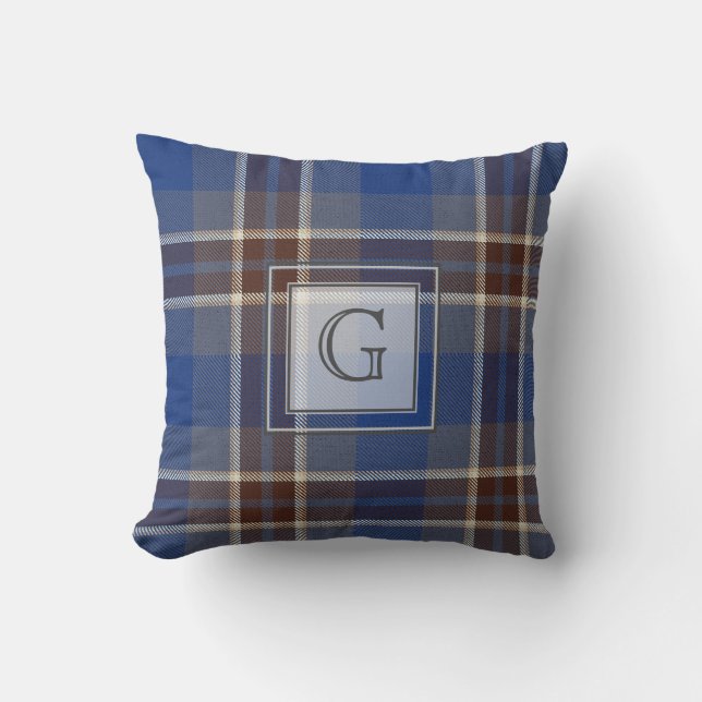 Monogram Blue Graue Tartan Geschenke für Männer, i Kissen (Vorderseite)