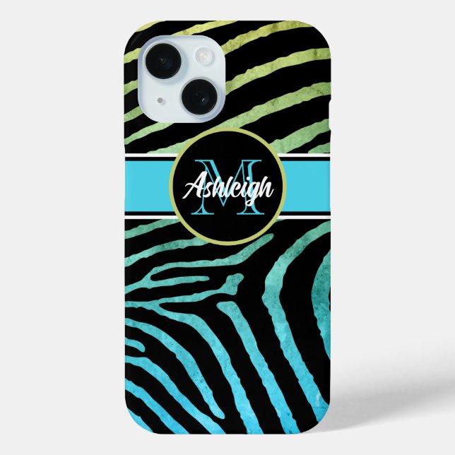 Monogram Blue, Green, Black Zebra Stripes Case-Mate iPhone Hülle (Rückseite)