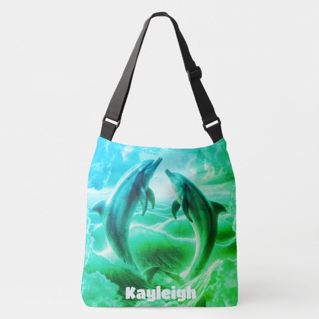 Monogram Blue & Green Delphins Ozean | Tragetaschen Mit Langen Trägern (Vorderseite)