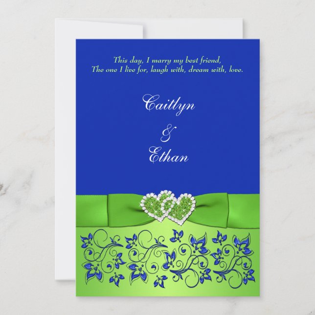 Monogram Blue, Green Floral, Hearts Wedite Einladu Einladung (Vorderseite)