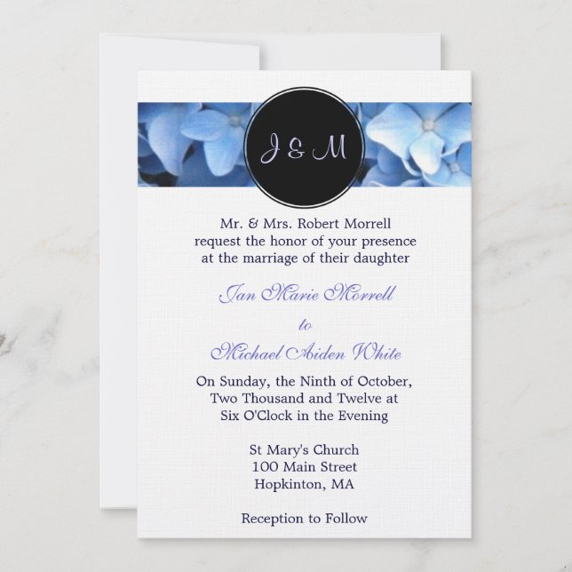 Monogram Blue Hydrangea Hochzeit Einladung (Vorderseite)