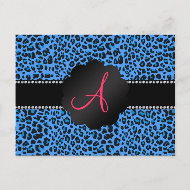 Monogram Blue Leopard Muster Postkarte (Vorderseite)