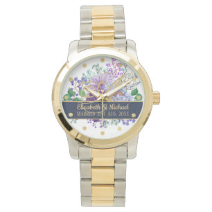 Monogram Blue Lila Floral Gold Newlyweds Wedding Armbanduhr