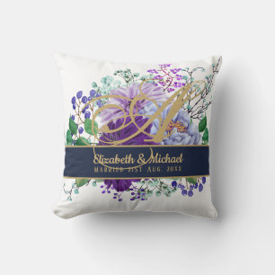 Monogram Blue Lila Floral Gold Newlyweds Wedding Kissen