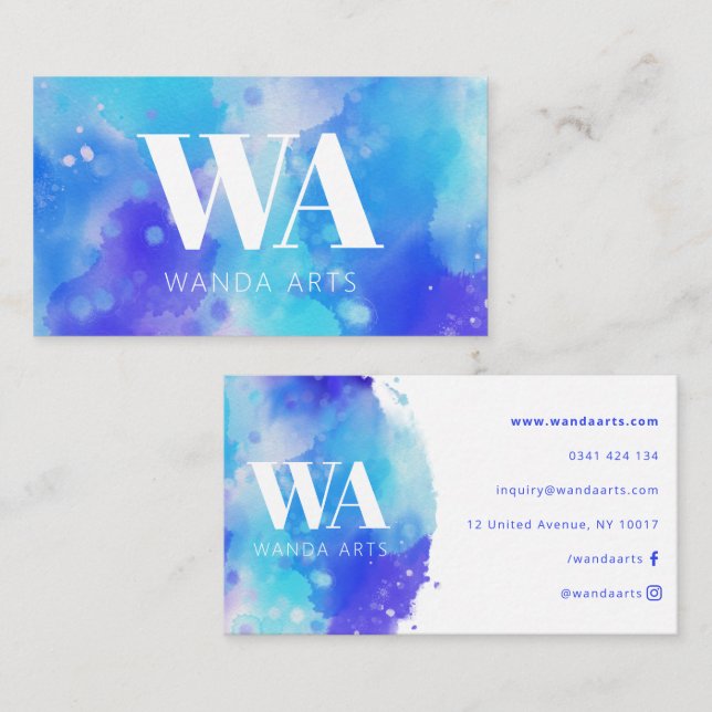 Monogram Blue Lila Watercolor Artist Visitenkarte (Vorne/Hinten)