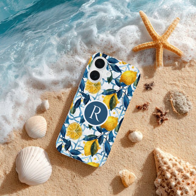 Monogram Blue Mediterranean Style Lemon Pattern  iPhone 16 Hülle (Von Creator hochgeladen)