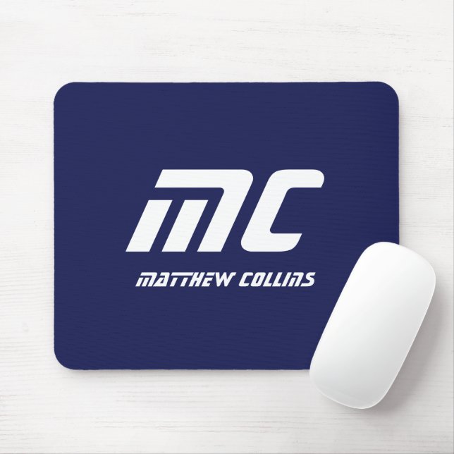 Monogram Blue Modern Minimalistisch Name White Sim Mousepad (Mit Mouse)