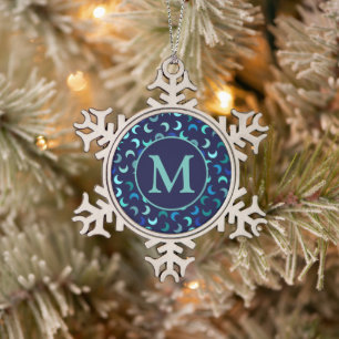 Monogram Blue New Moon Muster Schneeflocken Zinn-Ornament