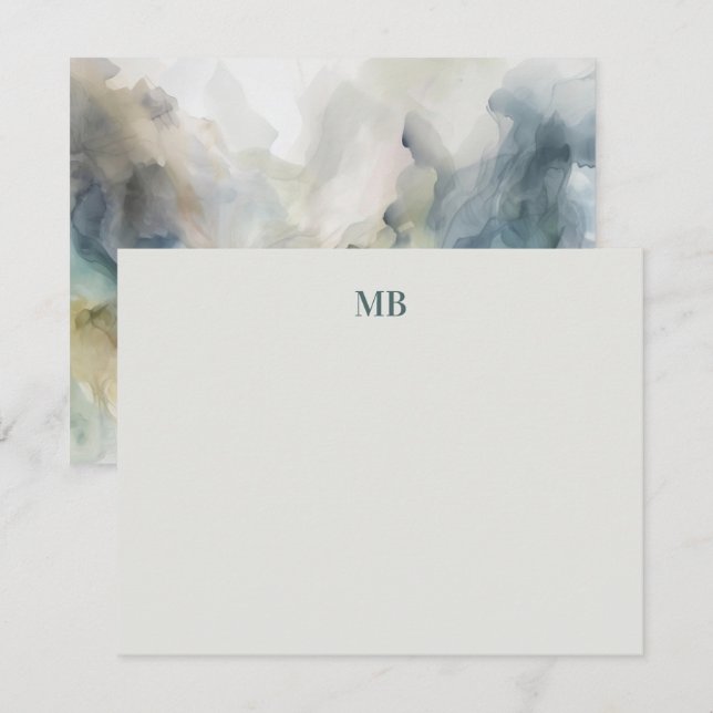 Monogram Blue Olive Green Abstrakt Tinte Mitteilungskarte (Vorne/Hinten)
