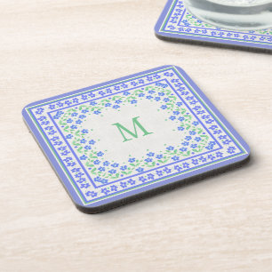 Monogram Blue Periwinkles Floral Border Imitats Li Getränkeuntersetzer