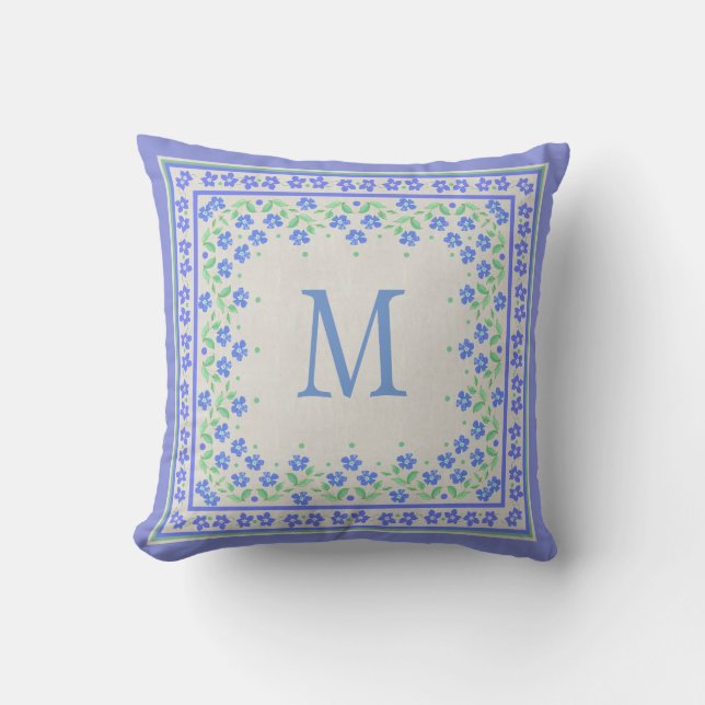 Monogram Blue Periwinkles Floral Border Imitats Li Kissen (Vorderseite)