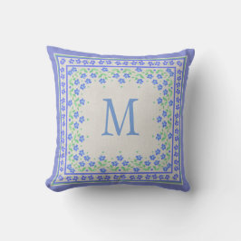 Monogram Blue Periwinkles Floral Border Imitats Li Kissen