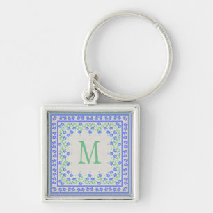 Monogram Blue Periwinkles Floral Border Imitats Li Schlüsselanhänger