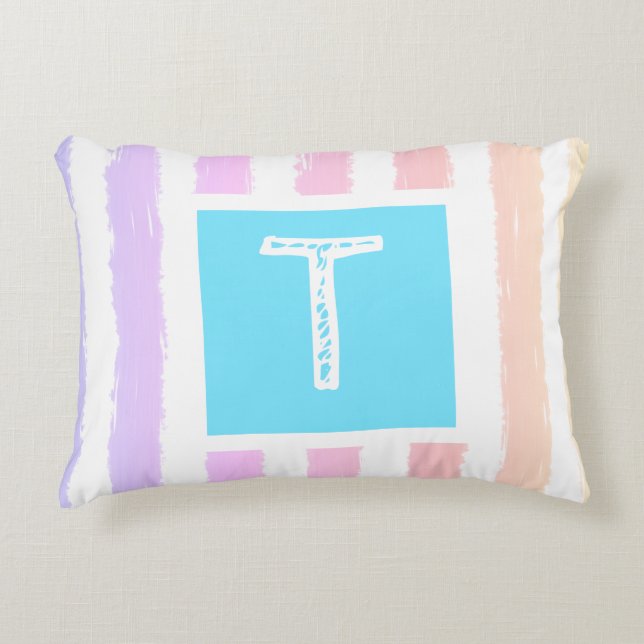 Monogram Blue Pink Watercolor Streifen Dekokissen (Vorderseite)