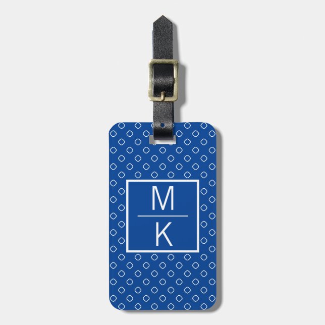 Monogram Blue Polka Squares Splitter Gepäckanhänger (Vorderseite vertikal)