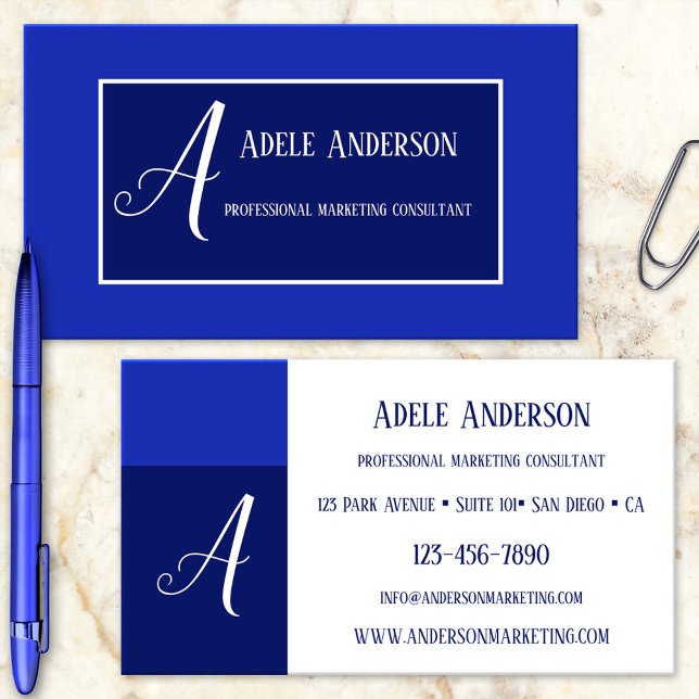 Monogram Blue PR Marketing Template Business Card Visitenkarte (An elegant business card featuring your own design - easily customizable templates)