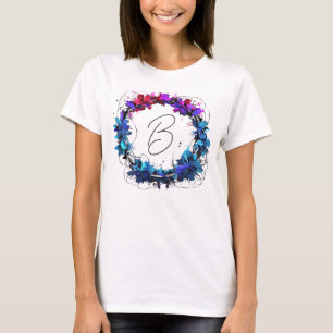 Monogram Blue Red Pink Floral Wreath T-Shirt