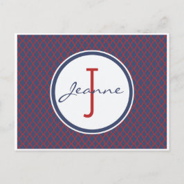 Monogram Blue & Red Quatrefoil Trellis Muster Postkarte