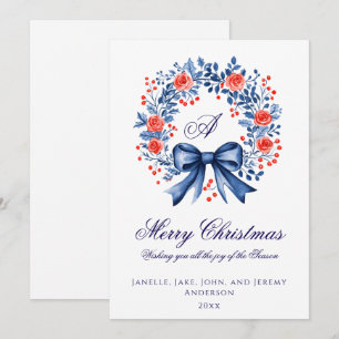 Monogram Blue Red Wreath Christmas Feiertagskarte