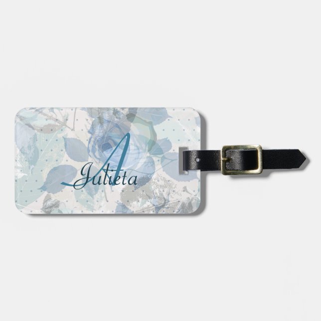 Monogram Blue Rose grunge Gepäckanhänger (Vorderseite horizontal)