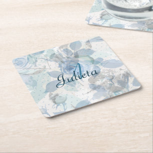 Monogram Blue Rose Luxus Rechteckiger Pappuntersetzer