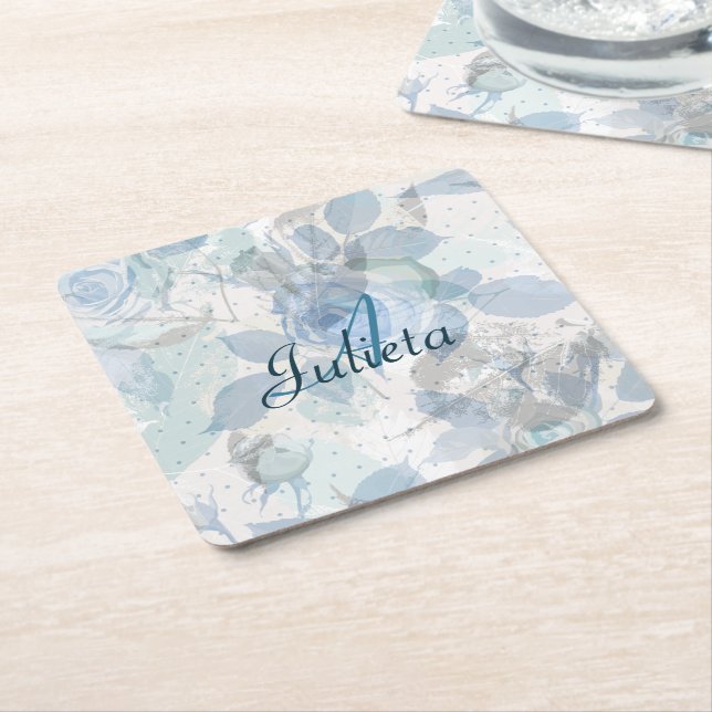 Monogram Blue Rose Luxus Rechteckiger Pappuntersetzer (angewinkelt)