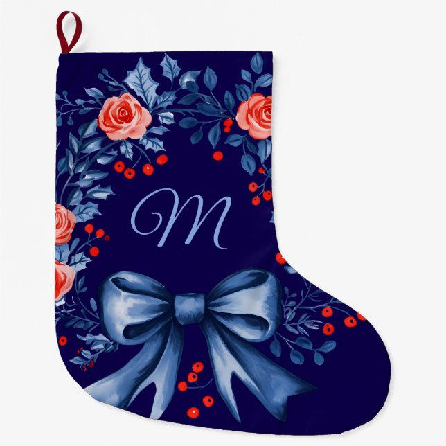 Monogram Blue Rote Rose Christmas Großer Weihnachtsstrumpf (Vorderseite)