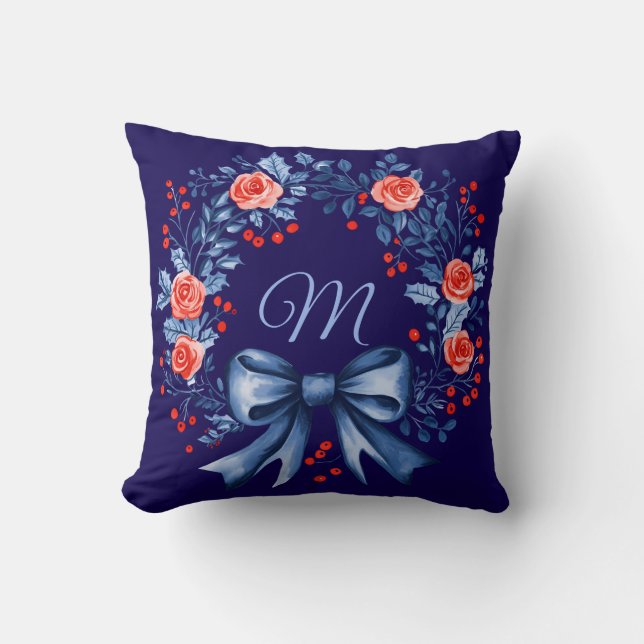 Monogram Blue Rote Rose Christmas Kissen (Vorderseite)