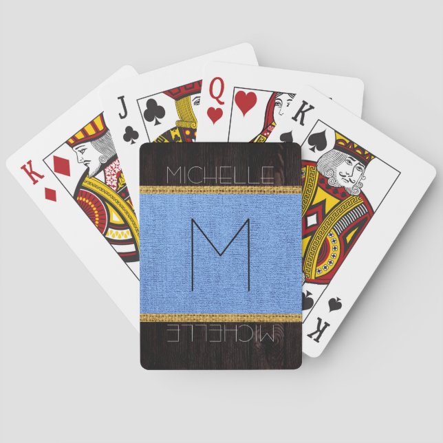 Monogram Blue Rustic Burlap Wood Look Spielkarten (Rückseite)