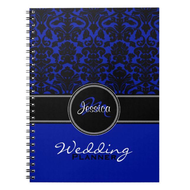 Monogram Blue Schwarz-weiß Damask Hochzeitsplaner Notizblock (Vorderseite)