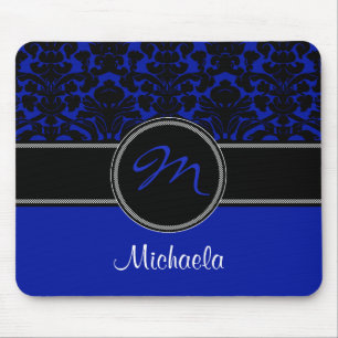 Monogram Blue Schwarz-weiß Damask Mousepad