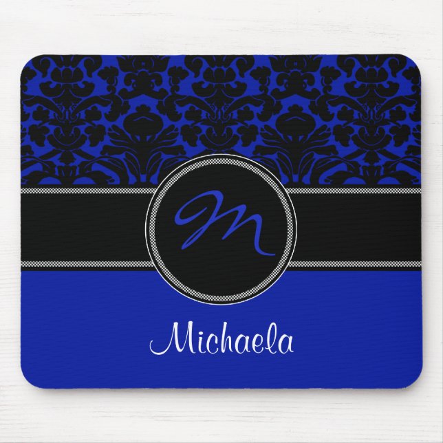Monogram Blue Schwarz-weiß Damask Mousepad (Vorne)