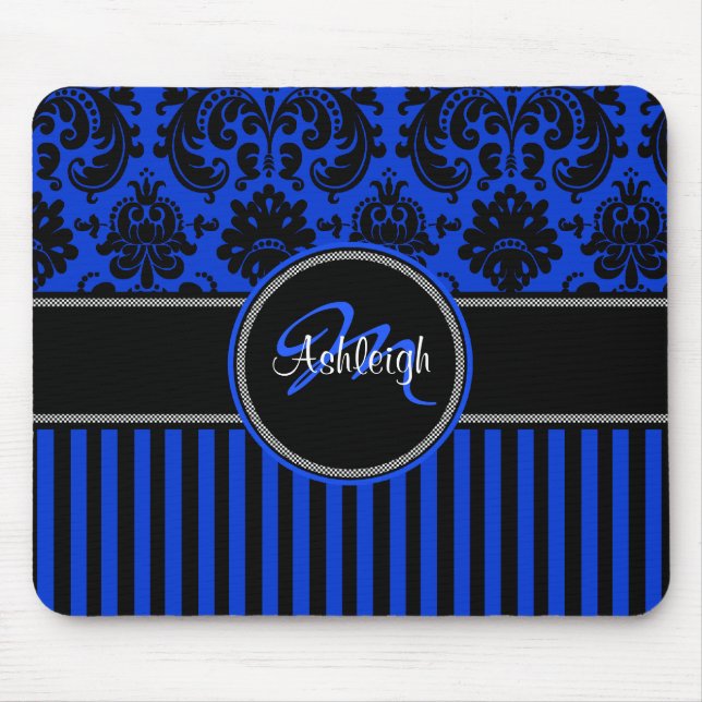 Monogram Blue Schwarz-weiß Stripe Damask Mousepad (Vorne)