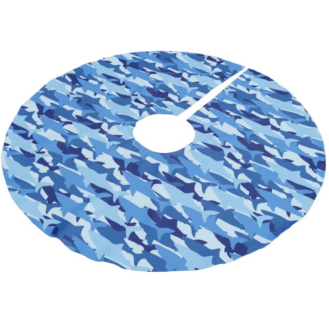 Monogram Blue Shark Muster Polyester Weihnachtsbaumdecke (Schrägansicht)