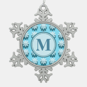 Monogram Blue Snowflake Muster anpassbar Schneeflocken Zinn-Ornament